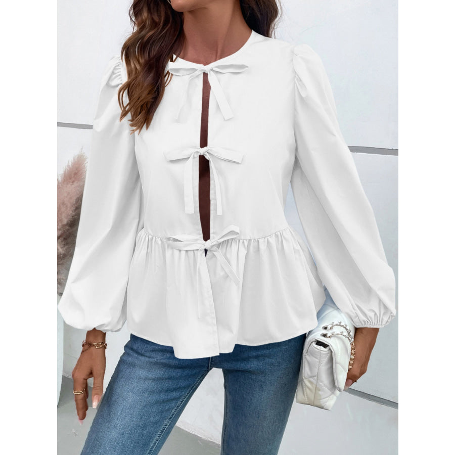 Peplum Tied Long Sleeve Blouse Apparel and Accessories