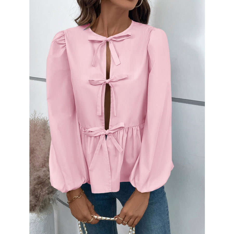 Peplum Tied Long Sleeve Blouse Apparel and Accessories