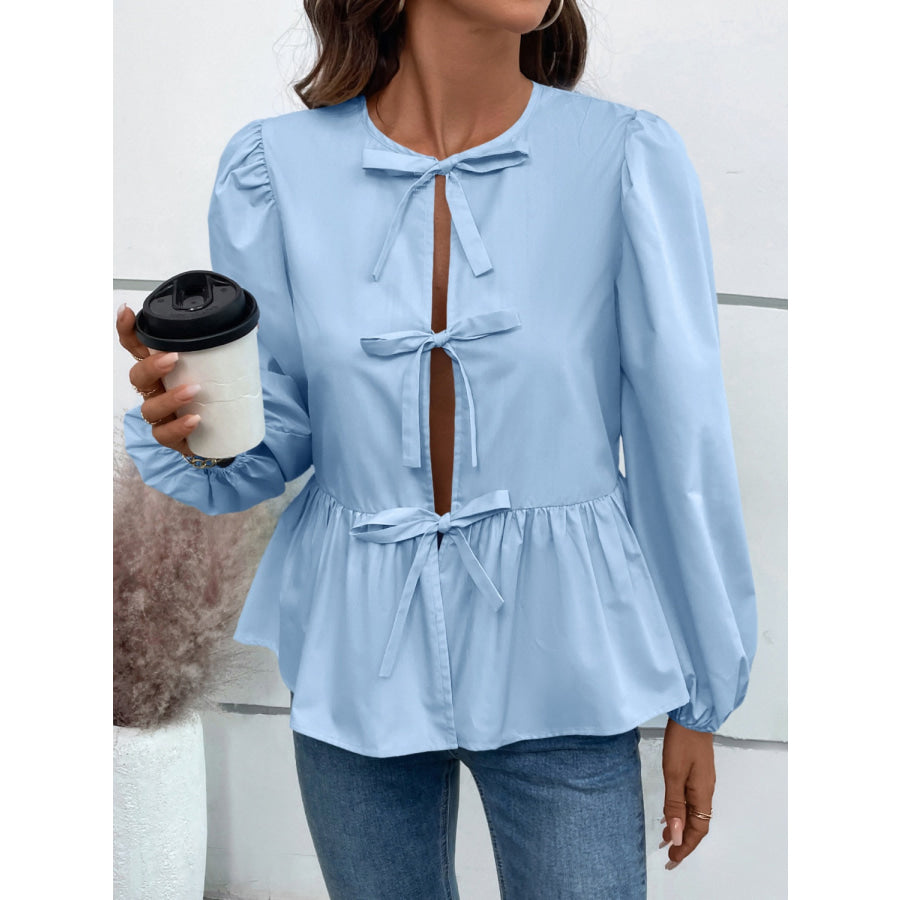 Peplum Tied Long Sleeve Blouse Apparel and Accessories