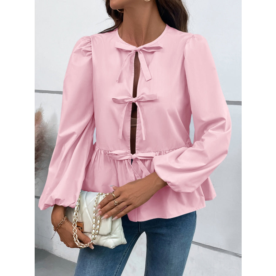 Peplum Tied Long Sleeve Blouse Apparel and Accessories