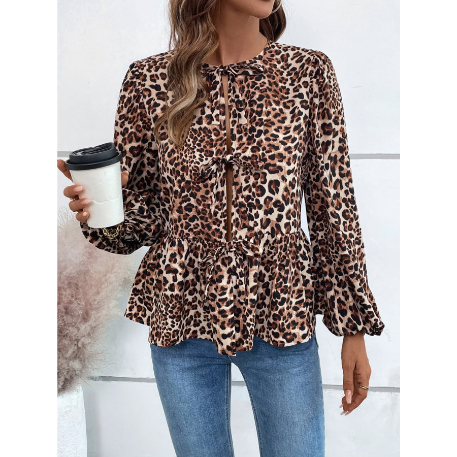 Peplum Tied Long Sleeve Blouse Apparel and Accessories