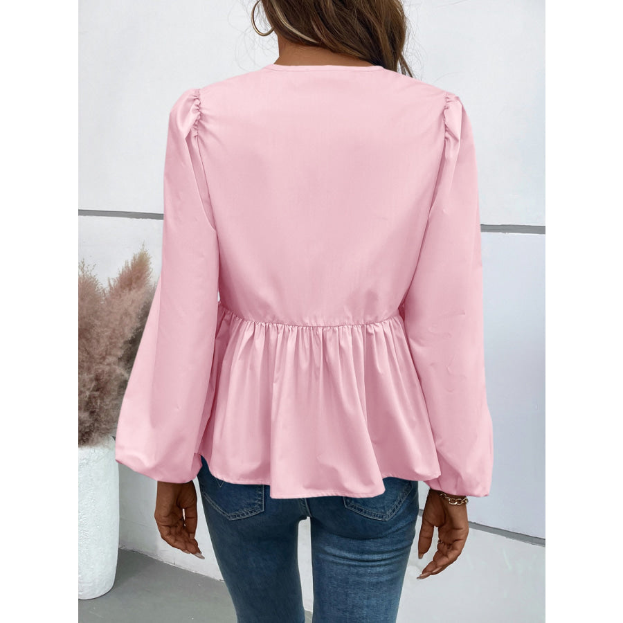 Peplum Tied Long Sleeve Blouse Apparel and Accessories