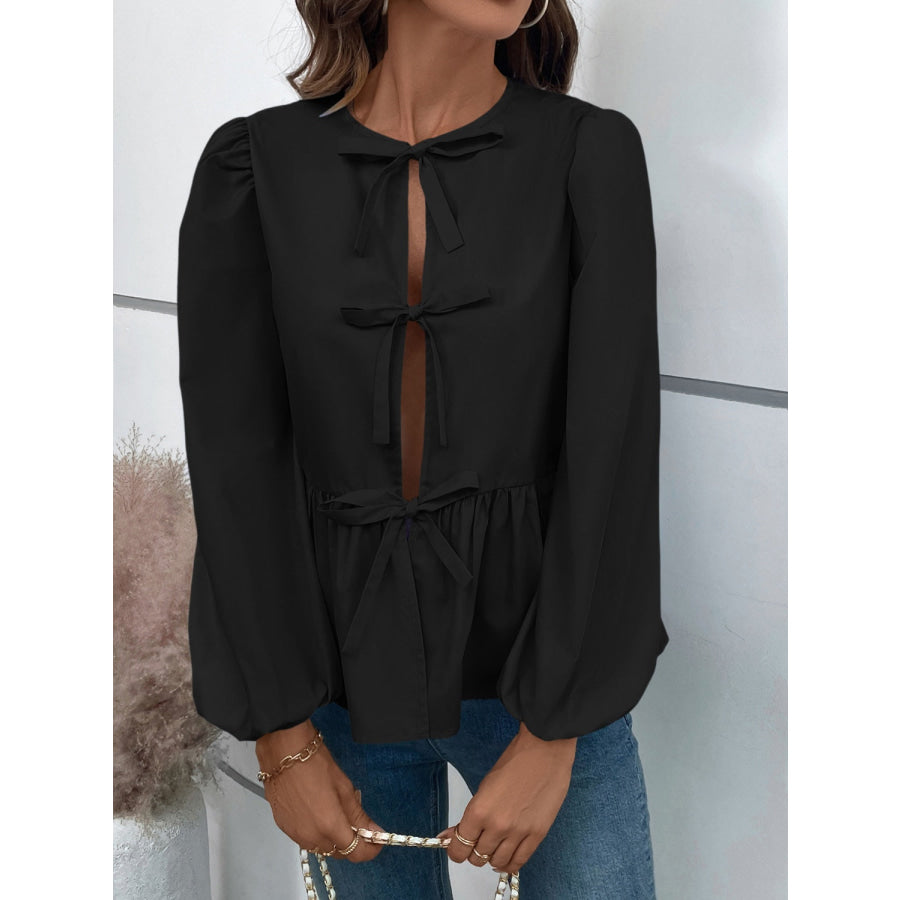 Peplum Tied Long Sleeve Blouse Apparel and Accessories