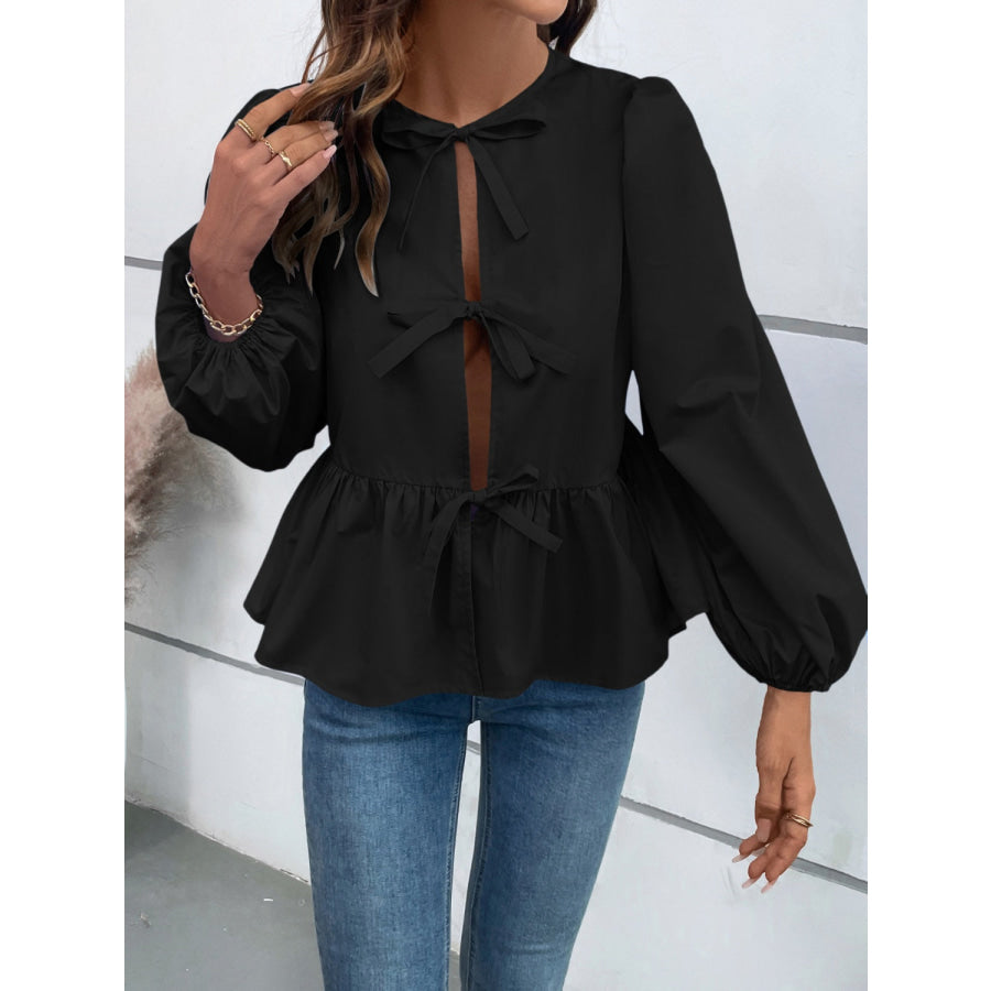 Peplum Tied Long Sleeve Blouse Apparel and Accessories