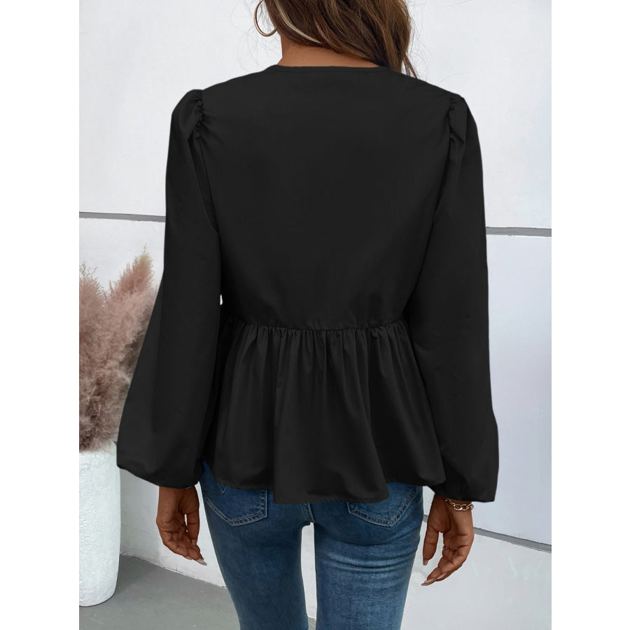 Peplum Tied Long Sleeve Blouse Apparel and Accessories