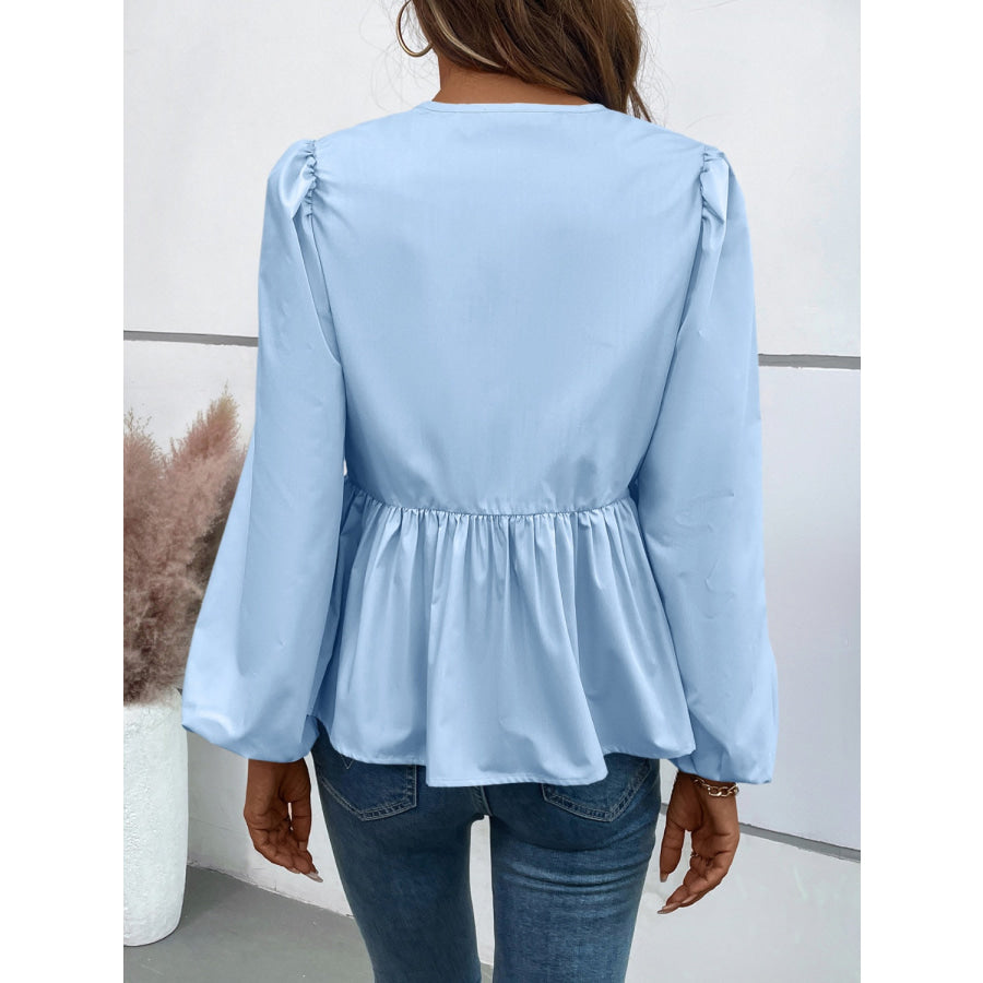 Peplum Tied Long Sleeve Blouse Apparel and Accessories