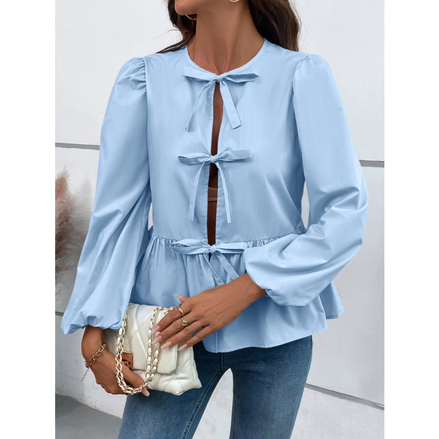 Peplum Tied Long Sleeve Blouse Apparel and Accessories