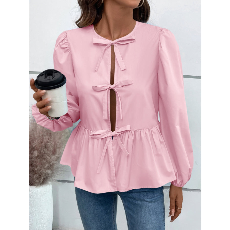 Peplum Tied Long Sleeve Blouse Apparel and Accessories