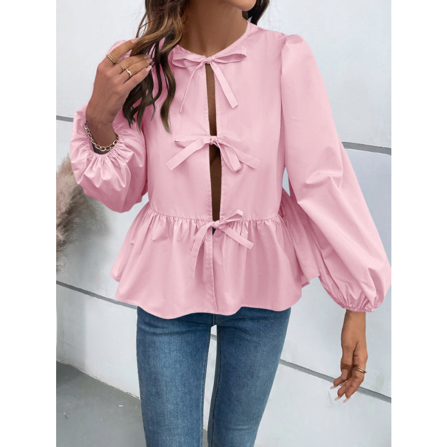 Peplum Tied Long Sleeve Blouse Apparel and Accessories