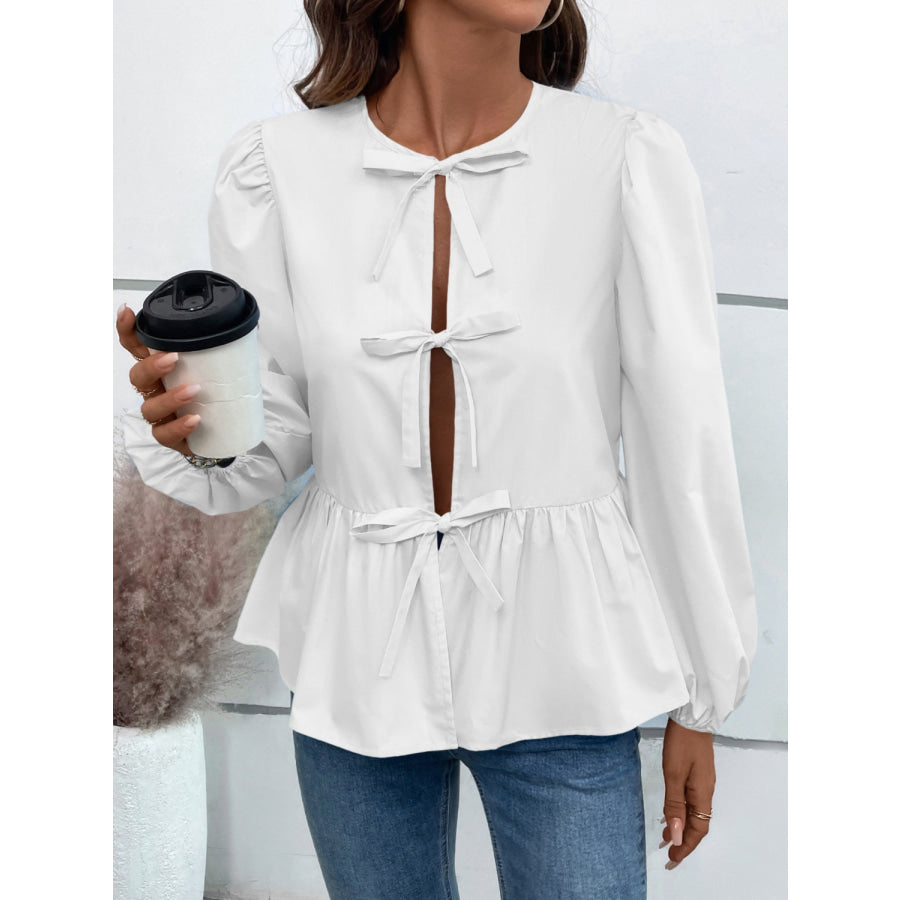 Peplum Tied Long Sleeve Blouse Apparel and Accessories