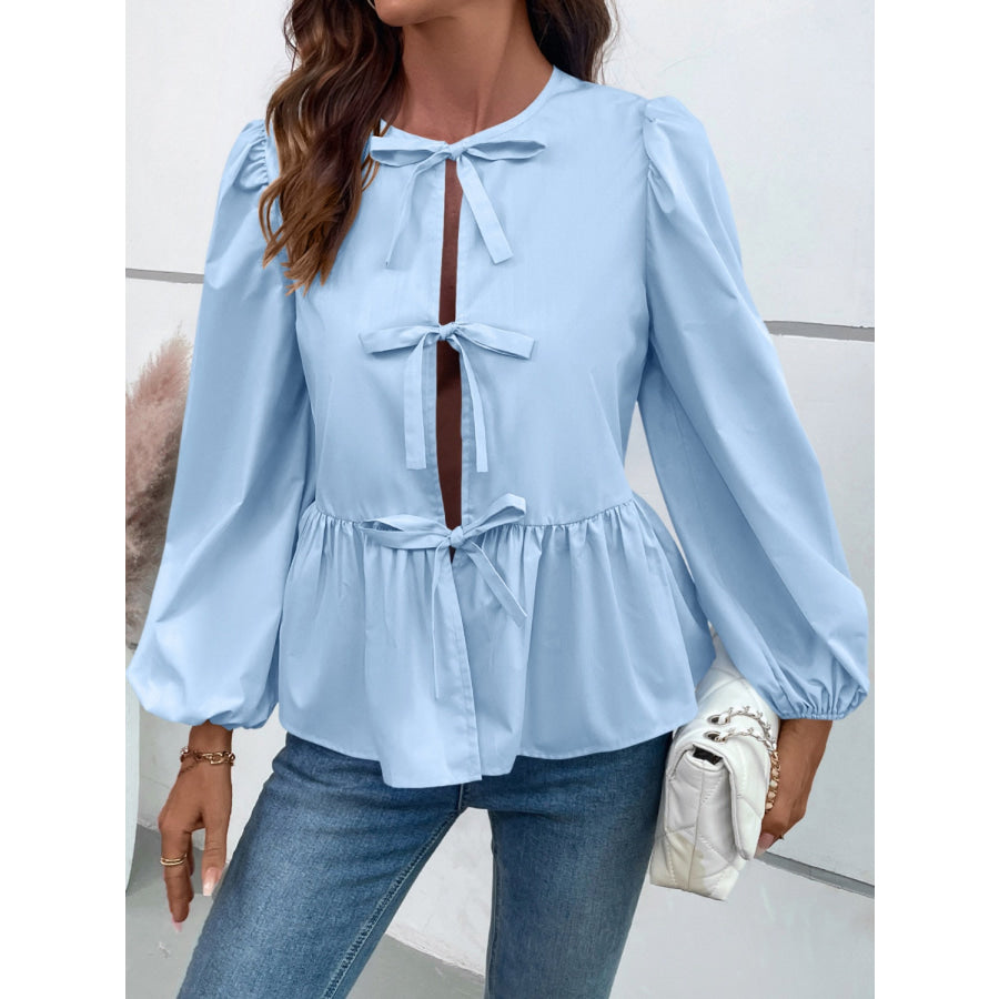 Peplum Tied Long Sleeve Blouse Apparel and Accessories