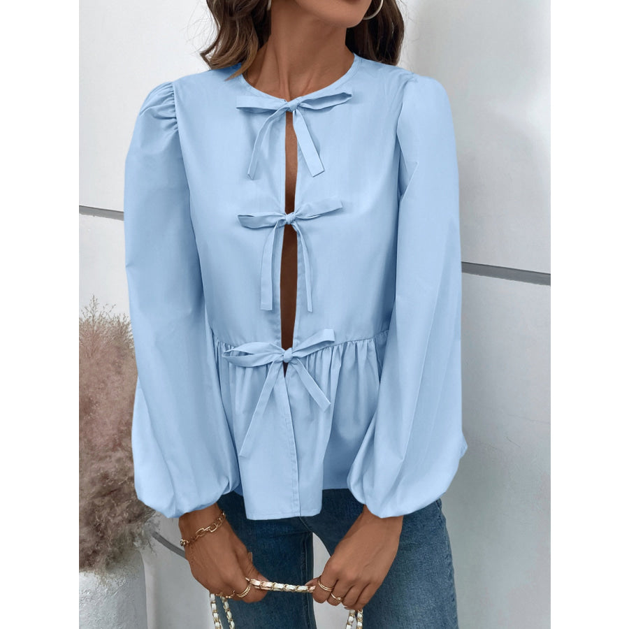 Peplum Tied Long Sleeve Blouse Apparel and Accessories