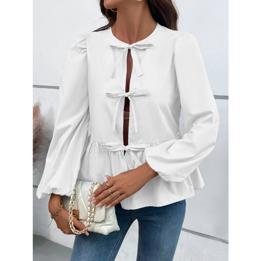 Peplum Tied Long Sleeve Blouse Apparel and Accessories