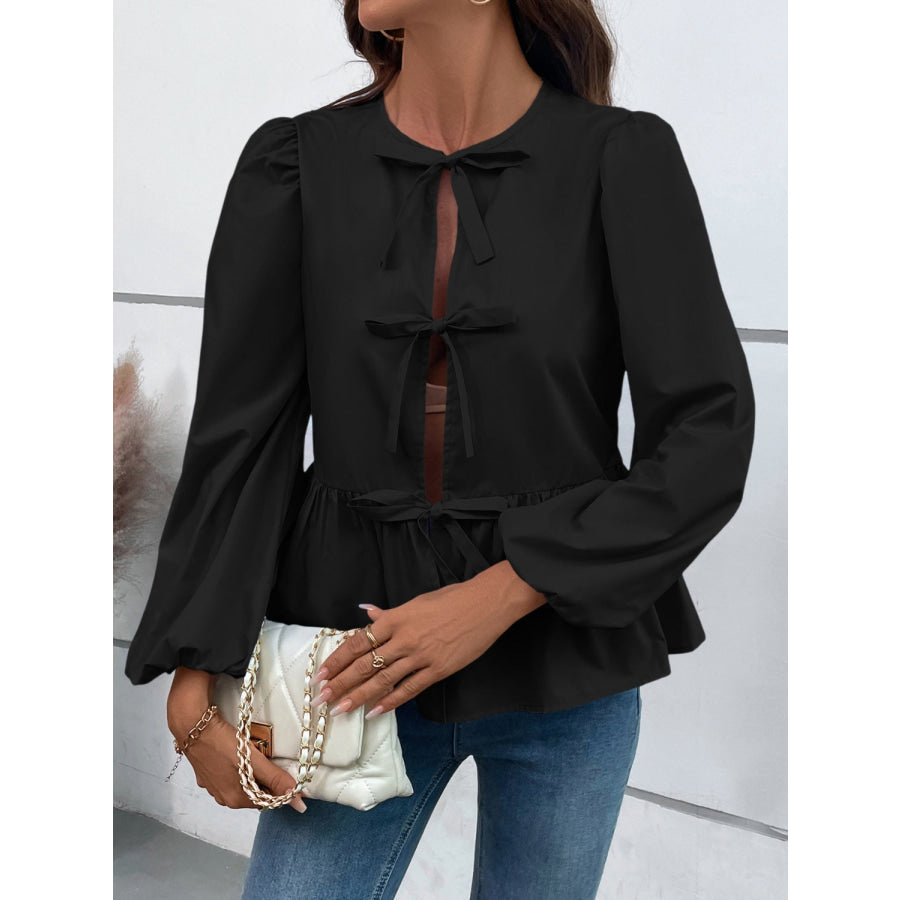 Peplum Tied Long Sleeve Blouse Apparel and Accessories