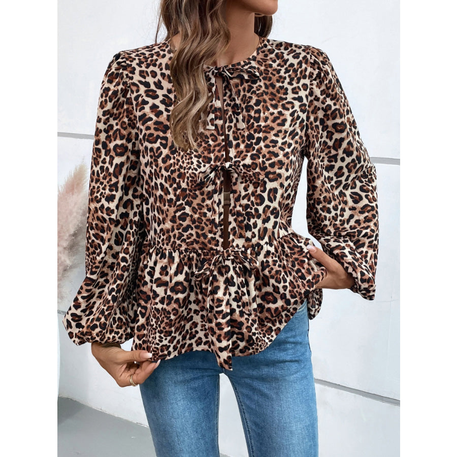 Peplum Tied Long Sleeve Blouse Apparel and Accessories