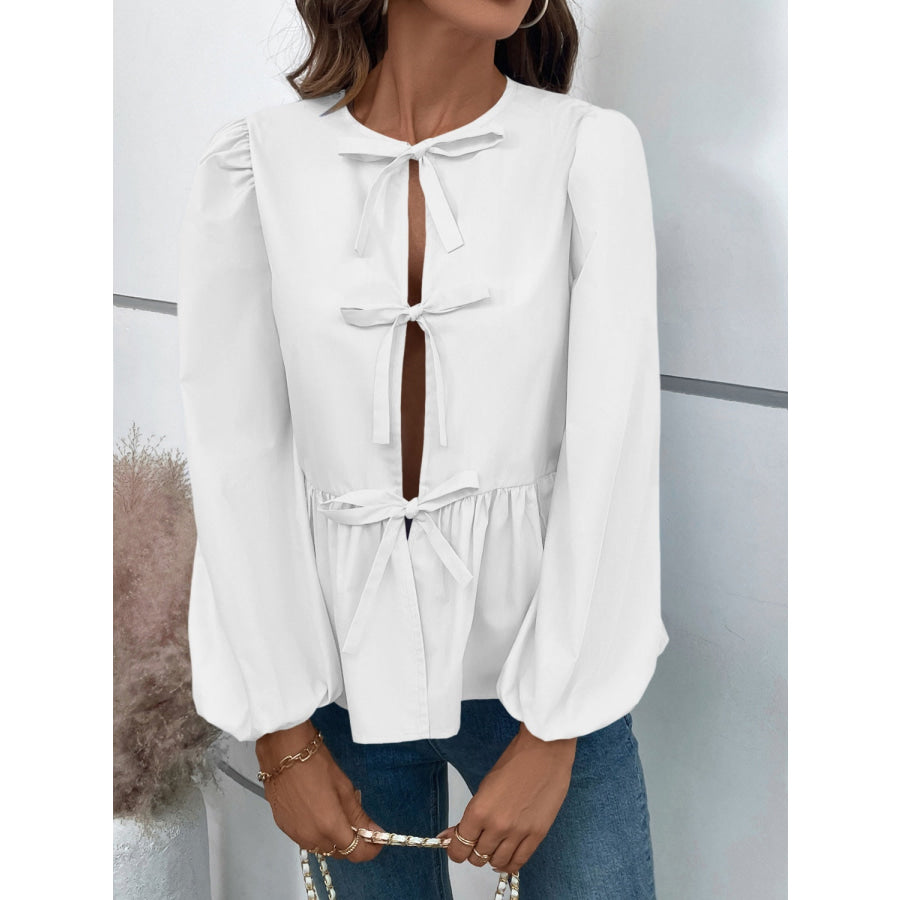 Peplum Tied Long Sleeve Blouse Apparel and Accessories