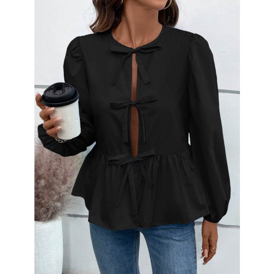 Peplum Tied Long Sleeve Blouse Black / S Apparel and Accessories