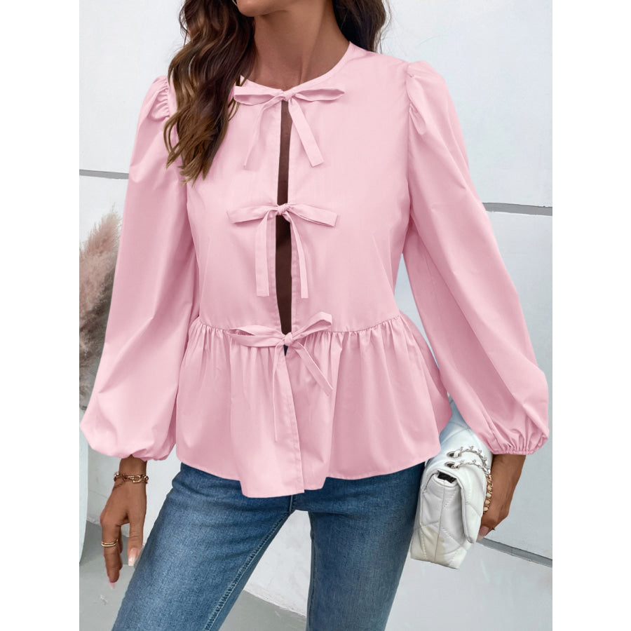 Peplum Tied Long Sleeve Blouse Blush Pink / S Apparel and Accessories