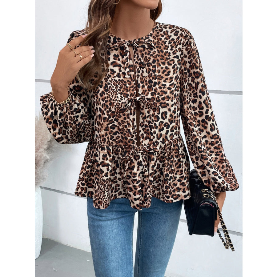 Peplum Tied Long Sleeve Blouse Leopard / S Apparel and Accessories