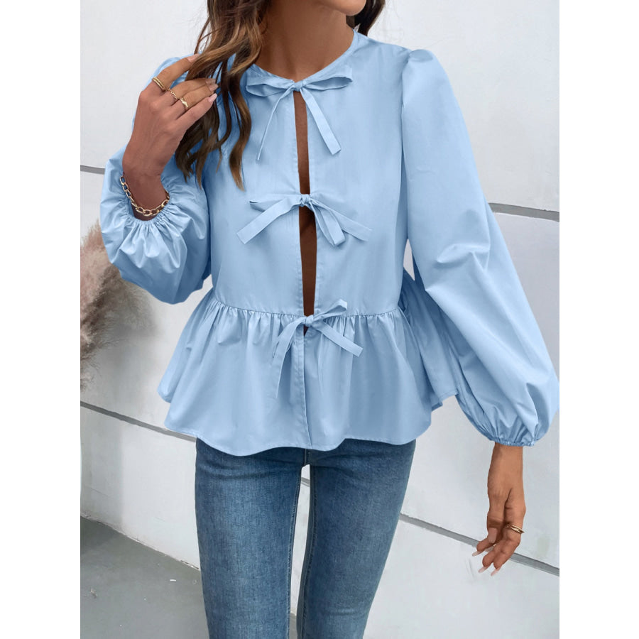 Peplum Tied Long Sleeve Blouse Light Blue / S Apparel and Accessories