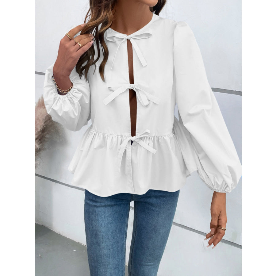 Peplum Tied Long Sleeve Blouse White / S Apparel and Accessories