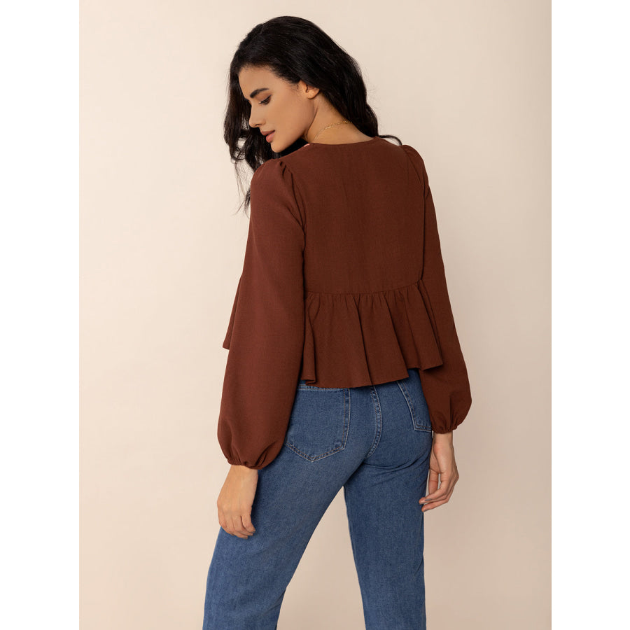 Peplum Tied V-Neck Long Sleeve Blouse Apparel and Accessories