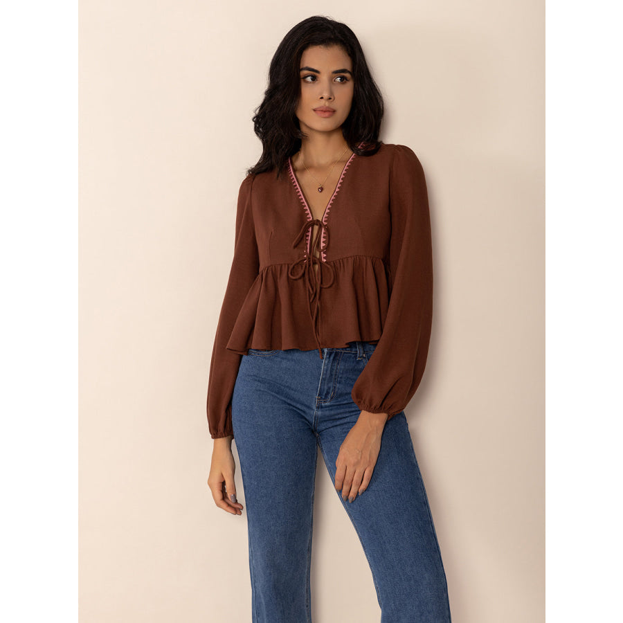 Peplum Tied V-Neck Long Sleeve Blouse Apparel and Accessories