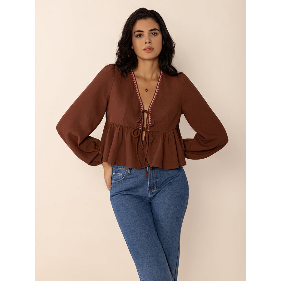 Peplum Tied V-Neck Long Sleeve Blouse Apparel and Accessories