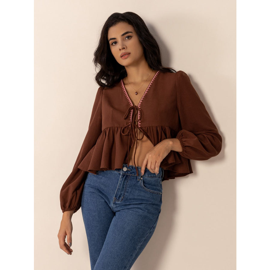 Peplum Tied V-Neck Long Sleeve Blouse Apparel and Accessories