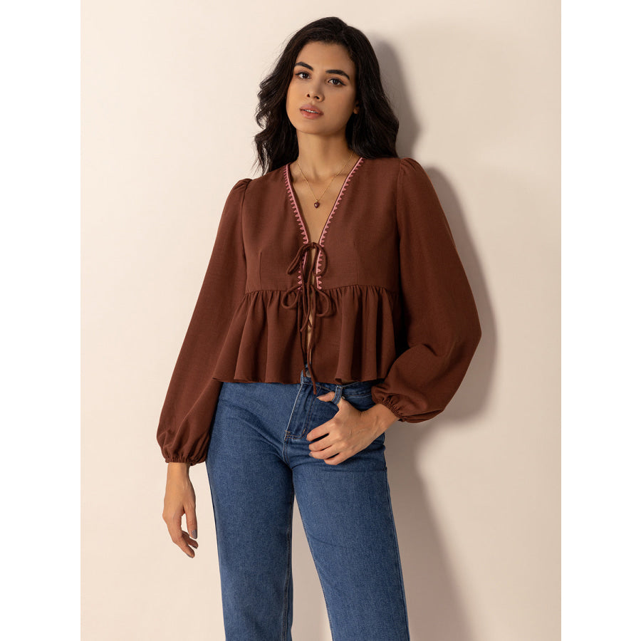 Peplum Tied V-Neck Long Sleeve Blouse Apparel and Accessories