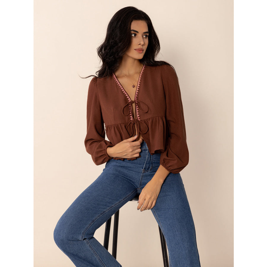 Peplum Tied V-Neck Long Sleeve Blouse Apparel and Accessories