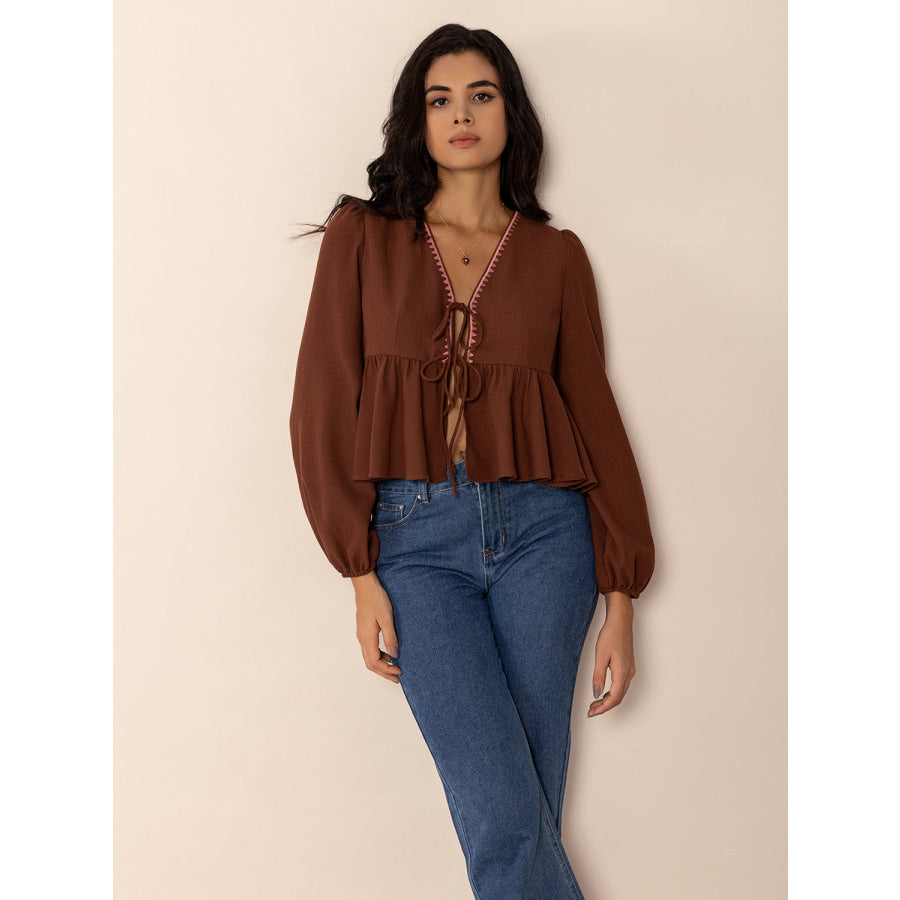 Peplum Tied V-Neck Long Sleeve Blouse Brown / S Apparel and Accessories