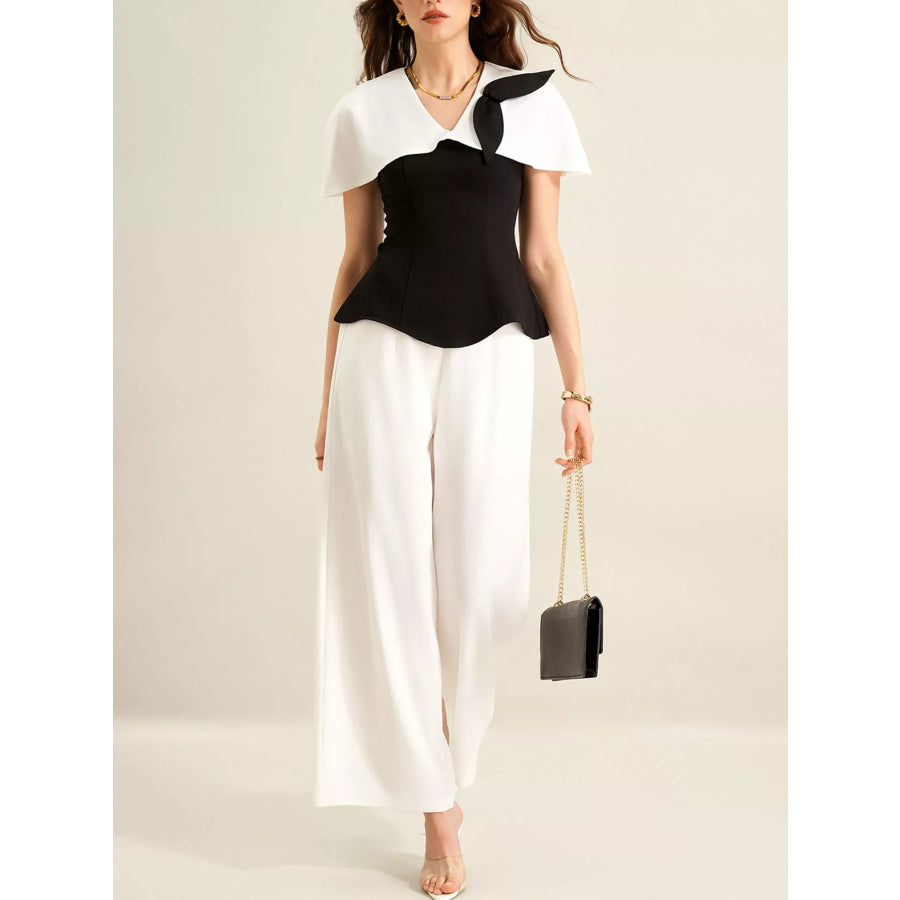 Peplum Top with Wide-Leg Pants Set Black And White / S Apparel and Accessories