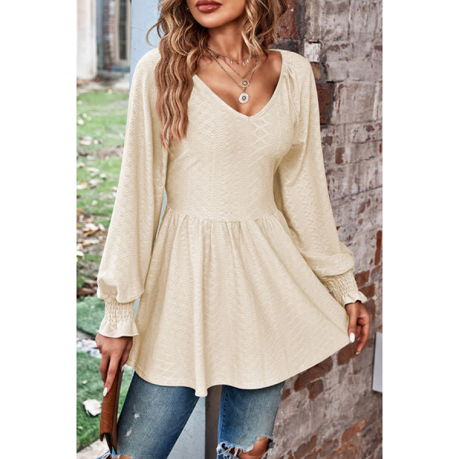 Peplum V - Neck Long Sleeve Blouse Apparel and Accessories