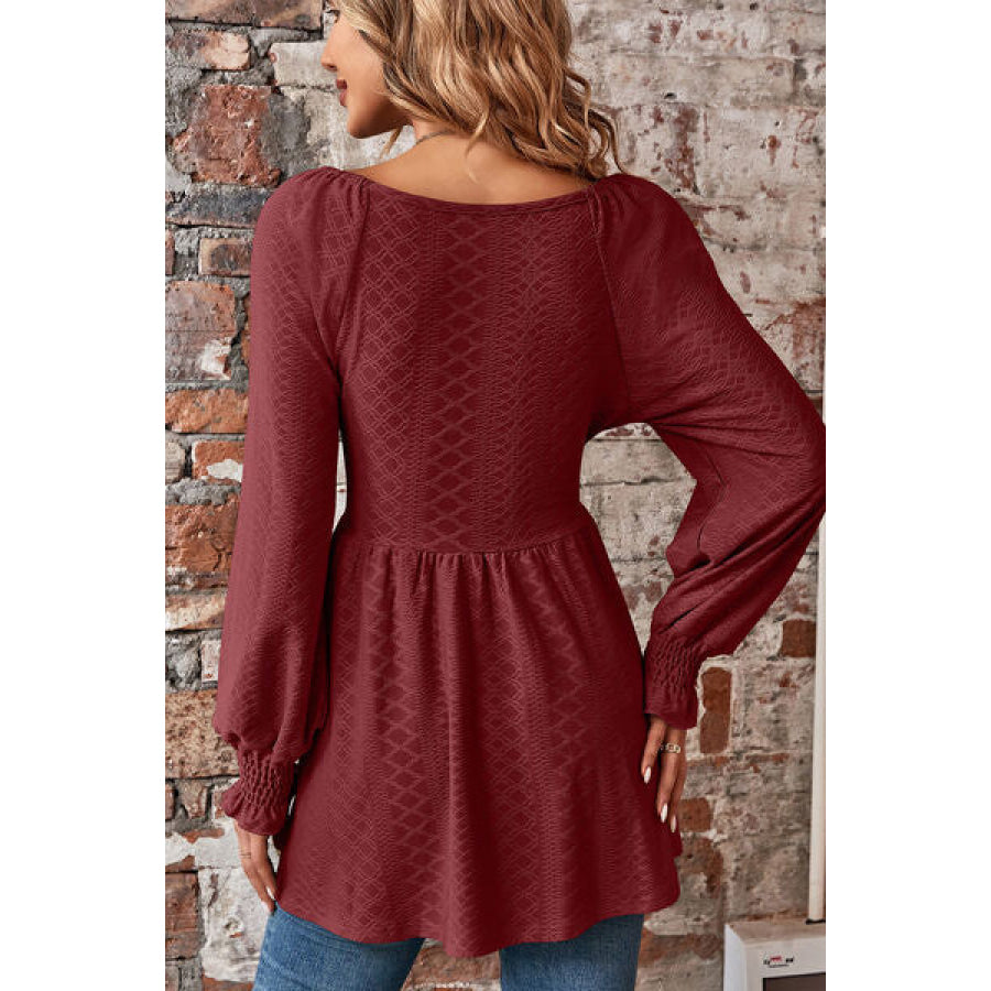 Peplum V - Neck Long Sleeve Blouse Wine / S Apparel and Accessories