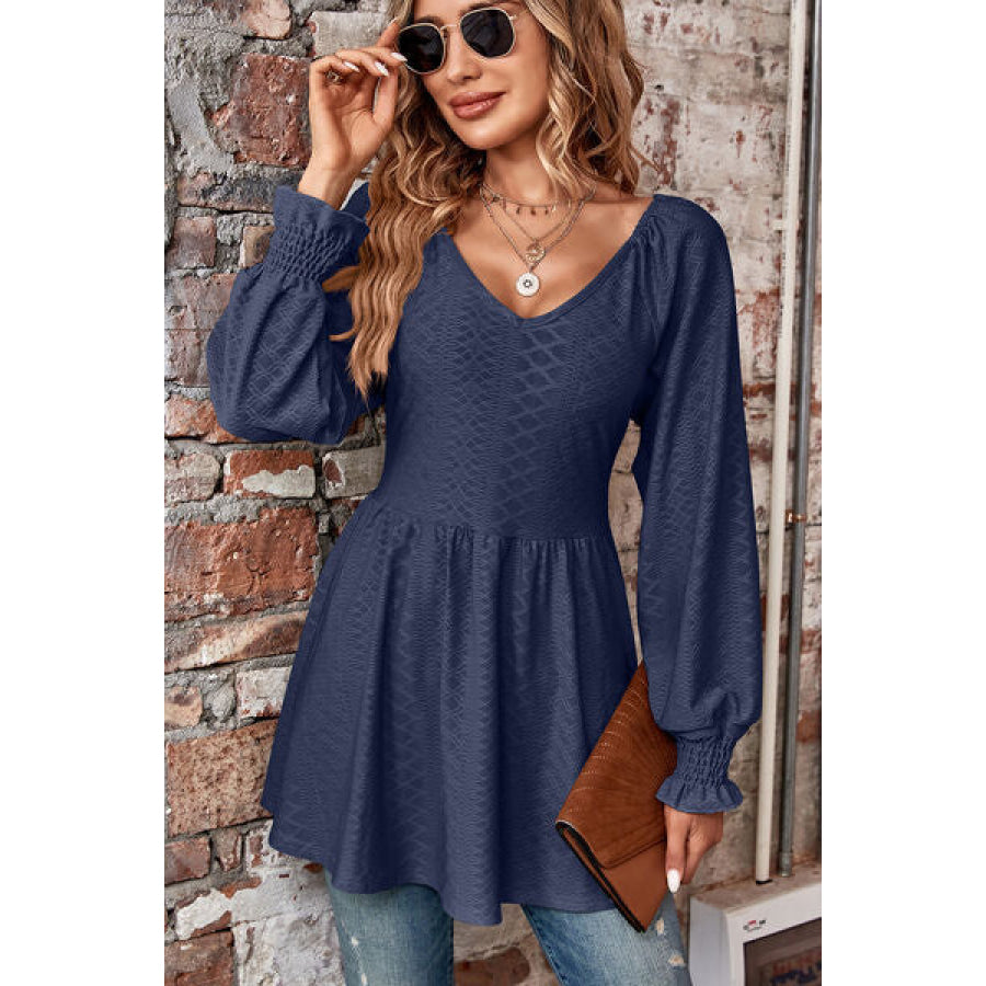 Peplum V - Neck Long Sleeve Blouse Apparel and Accessories