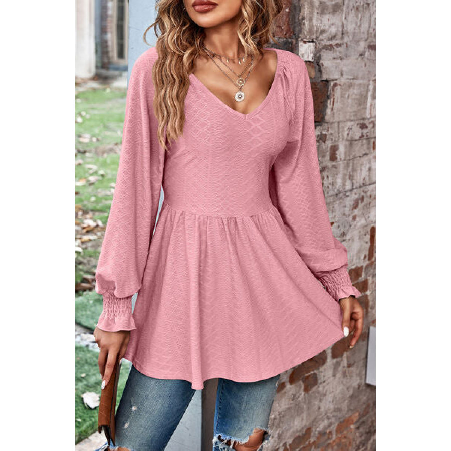 Peplum V - Neck Long Sleeve Blouse Apparel and Accessories