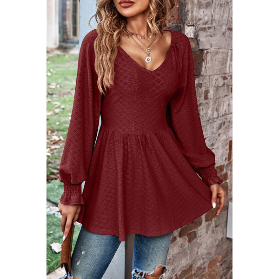 Peplum V - Neck Long Sleeve Blouse Apparel and Accessories