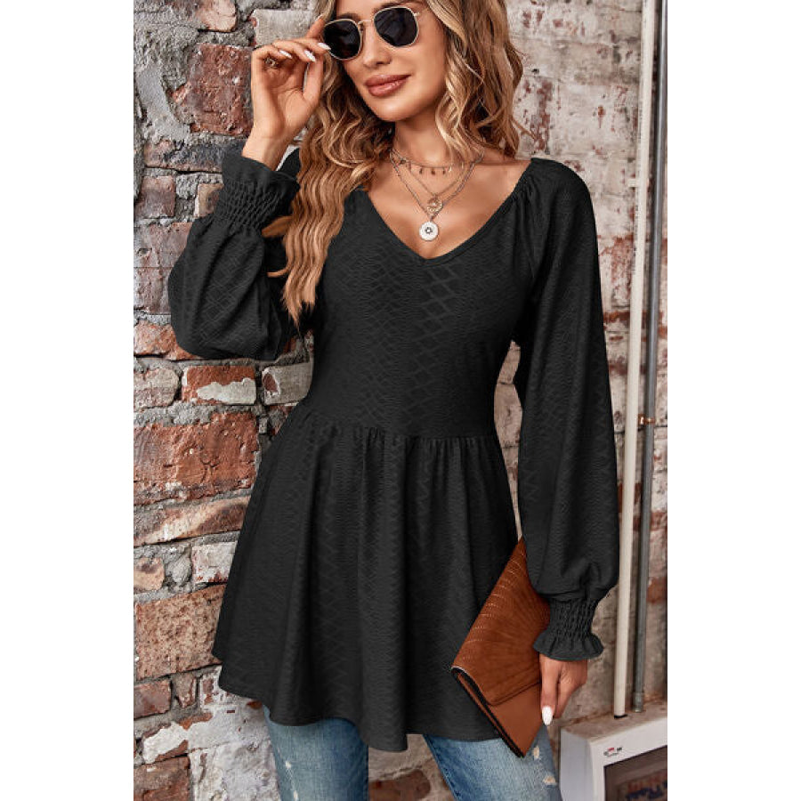 Peplum V - Neck Long Sleeve Blouse Apparel and Accessories