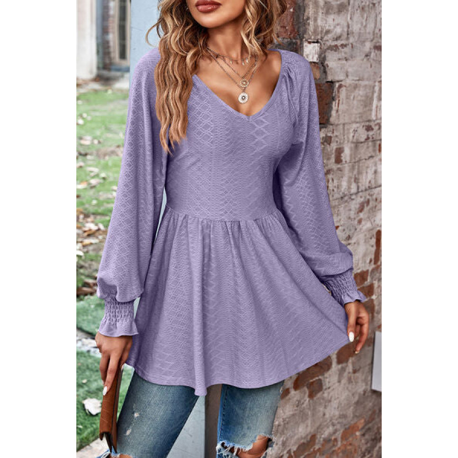 Peplum V - Neck Long Sleeve Blouse Apparel and Accessories