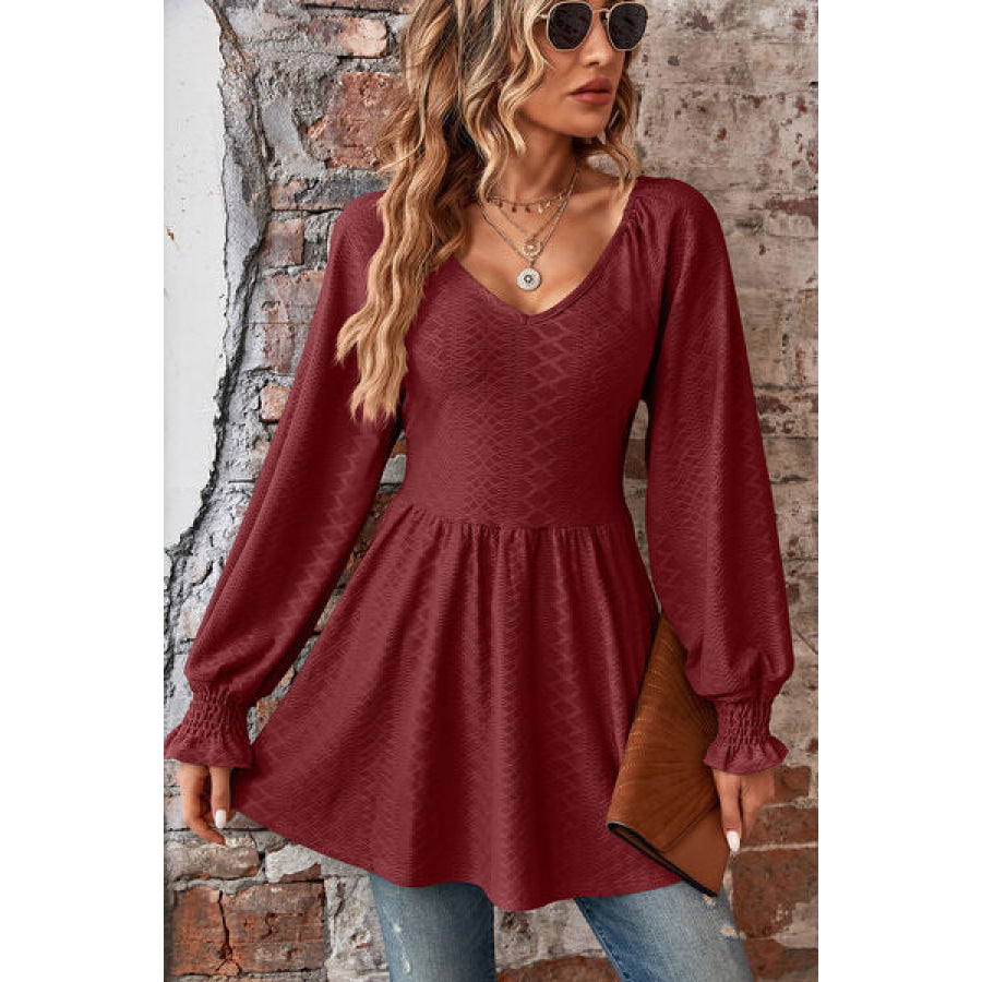 Peplum V - Neck Long Sleeve Blouse Apparel and Accessories