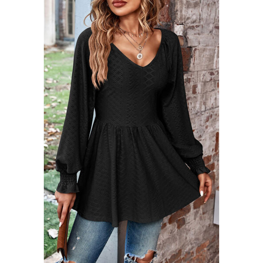 Peplum V - Neck Long Sleeve Blouse Black / S Apparel and Accessories