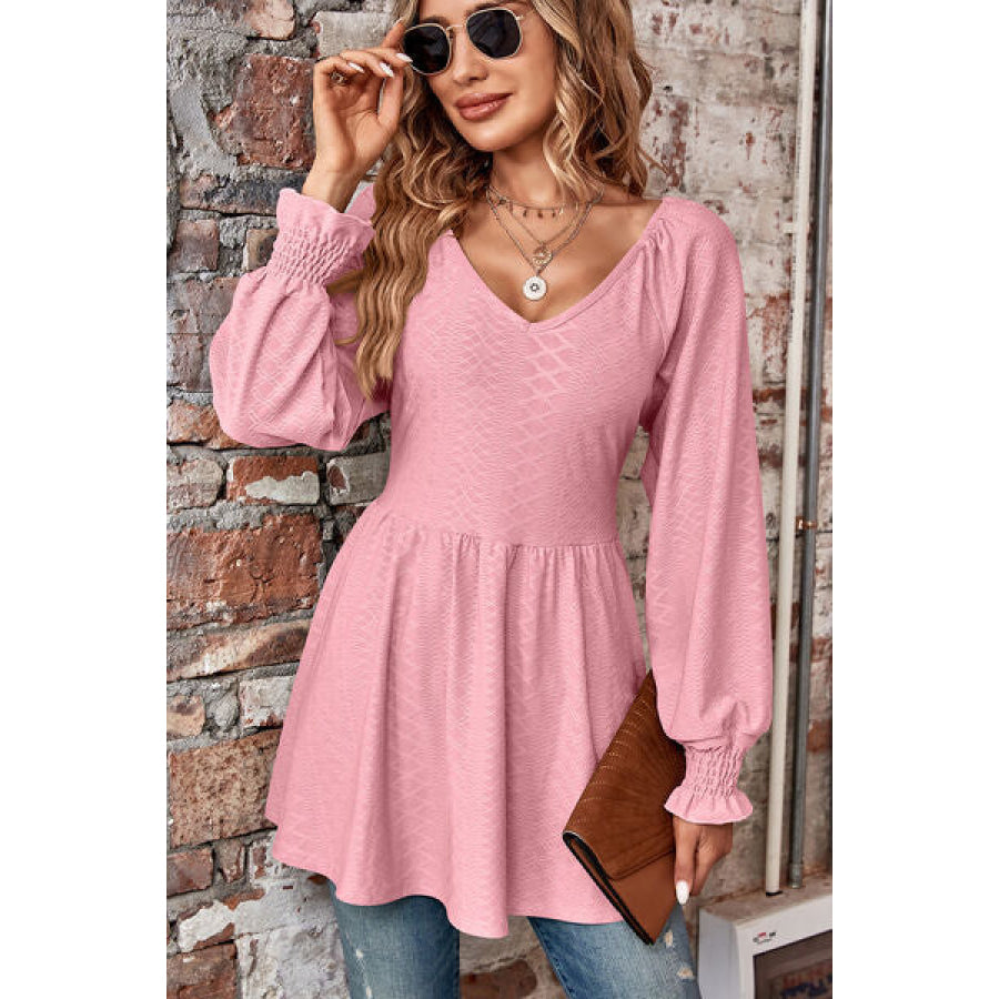 Peplum V - Neck Long Sleeve Blouse Blush Pink / S Apparel and Accessories