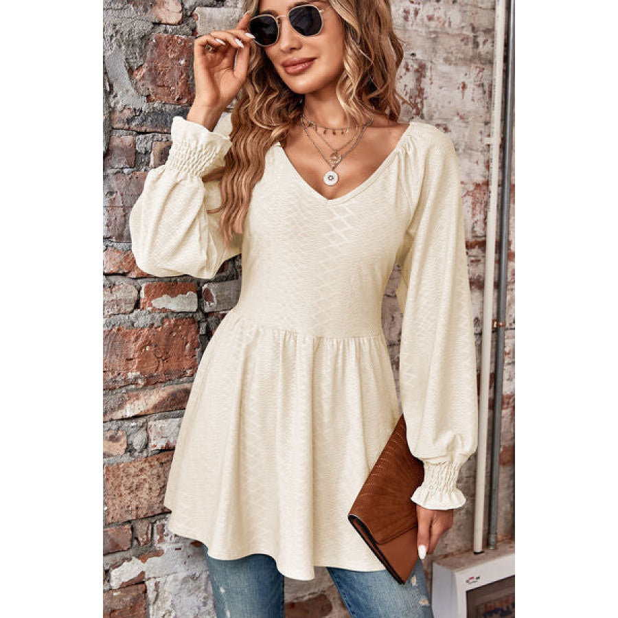 Peplum V - Neck Long Sleeve Blouse Ivory / S Apparel and Accessories