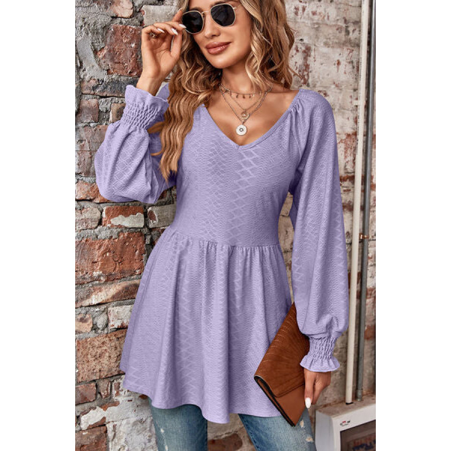 Peplum V - Neck Long Sleeve Blouse Lilac / S Apparel and Accessories