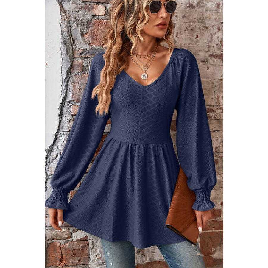 Peplum V - Neck Long Sleeve Blouse Navy / S Apparel and Accessories