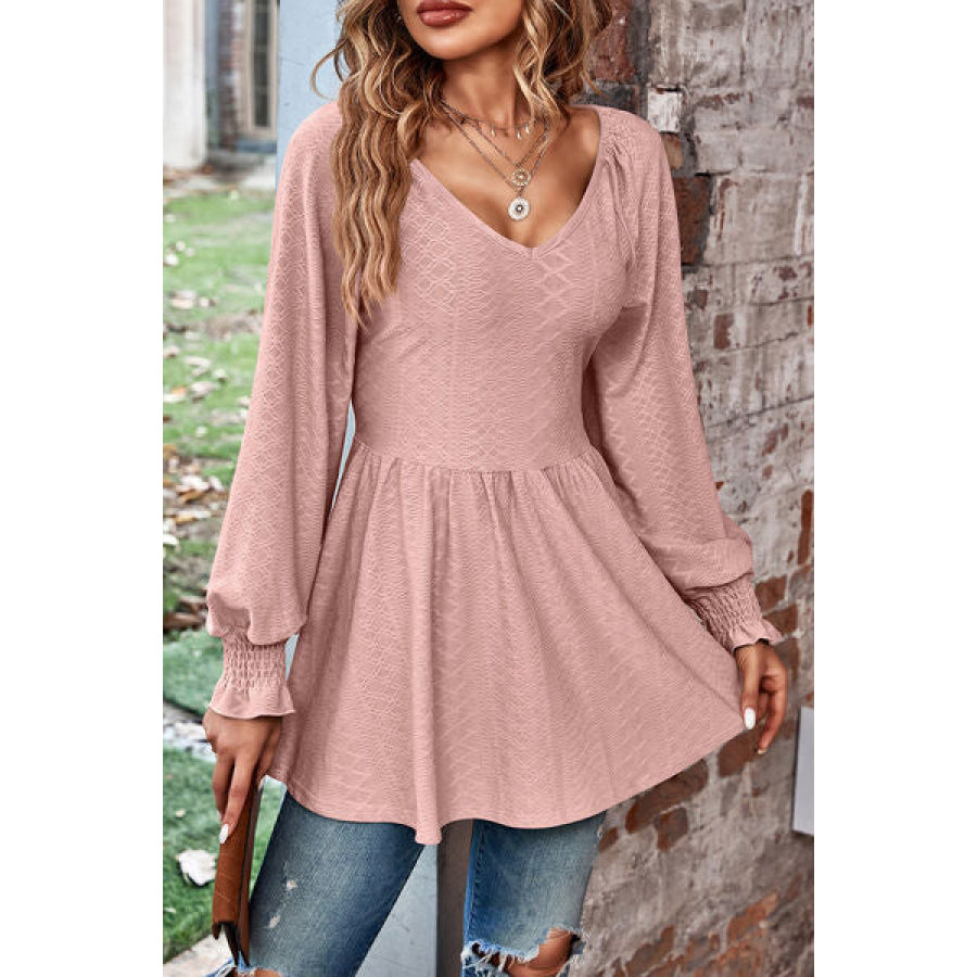 Peplum V - Neck Long Sleeve Blouse Pale Blush / S Apparel and Accessories