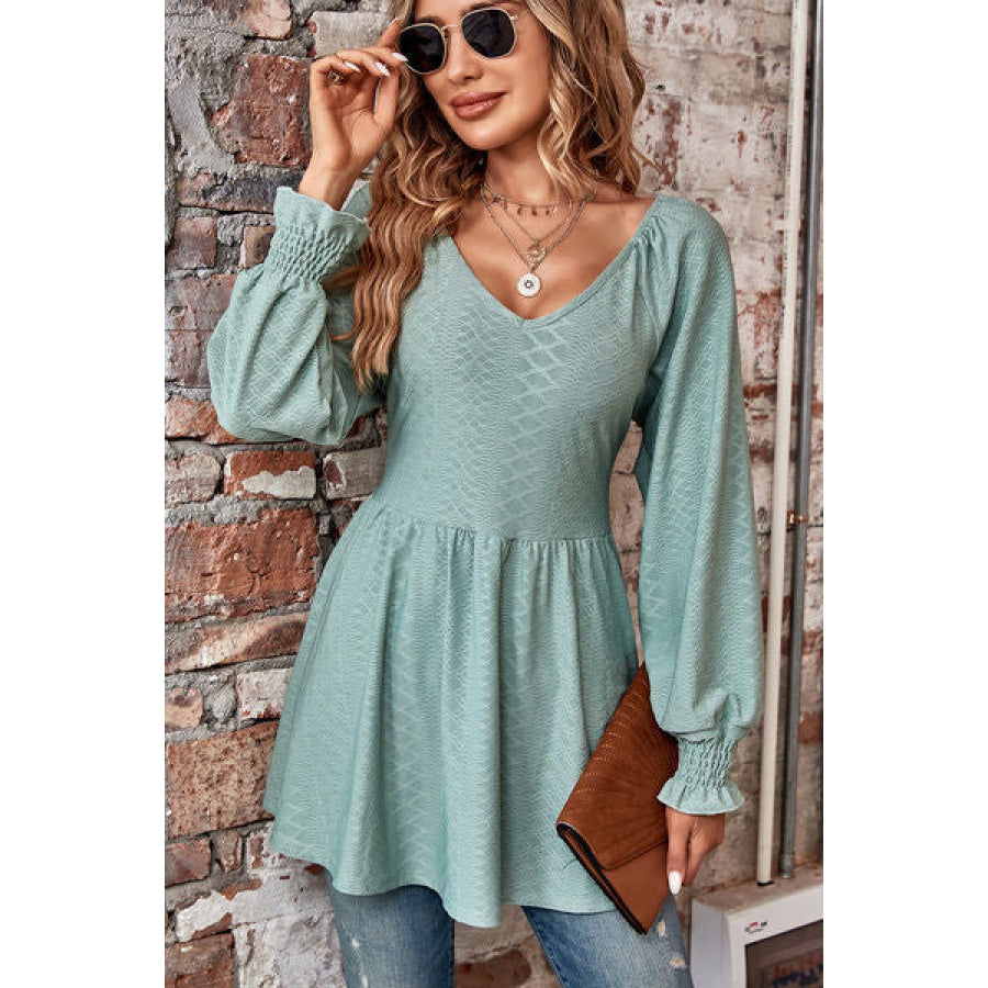 Peplum V - Neck Long Sleeve Blouse Sage / S Apparel and Accessories