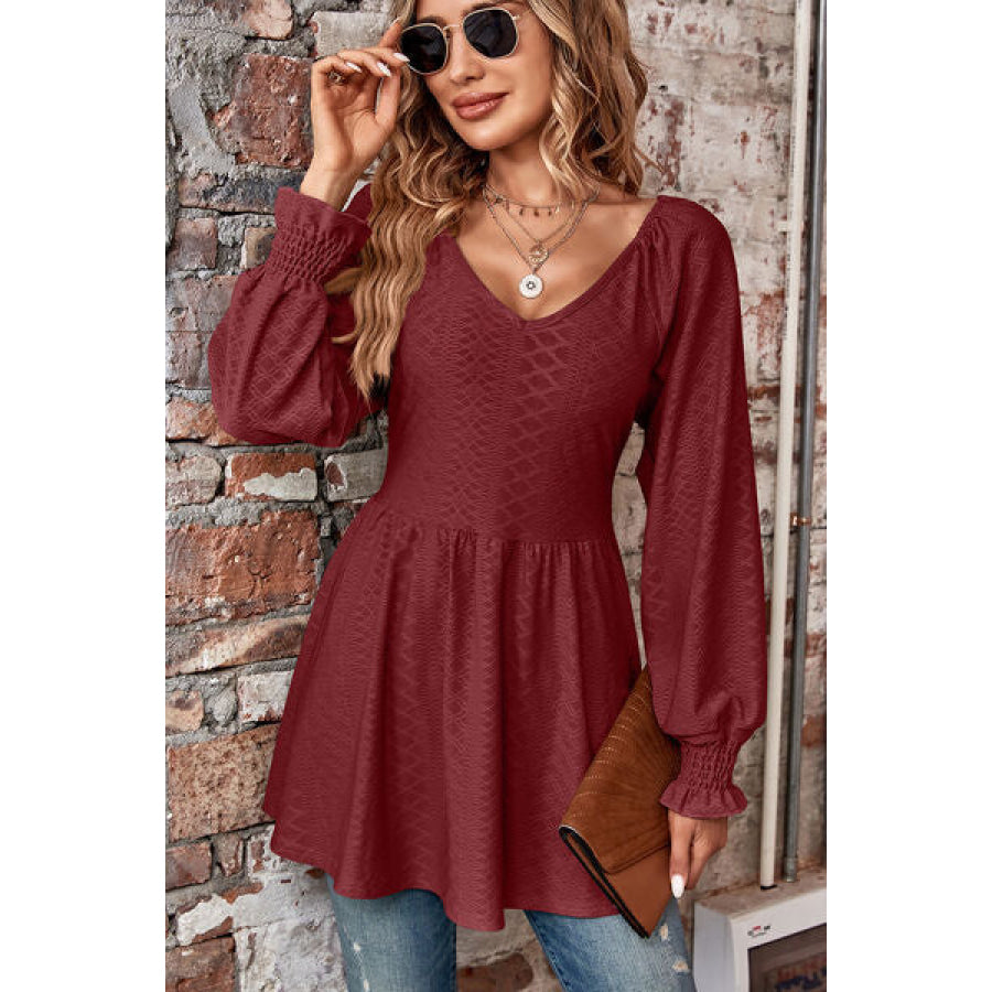 Peplum V - Neck Long Sleeve Blouse Wine / S Apparel and Accessories