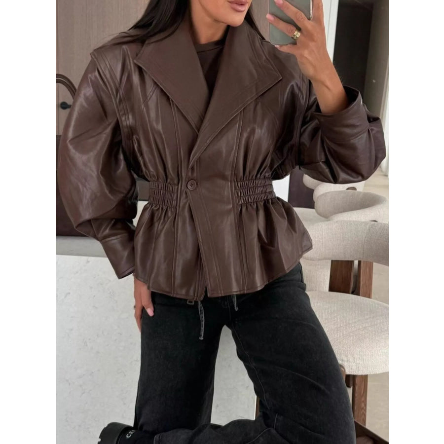 Peplum Waist Leather Jacket Brown / S Apparel and Accessories